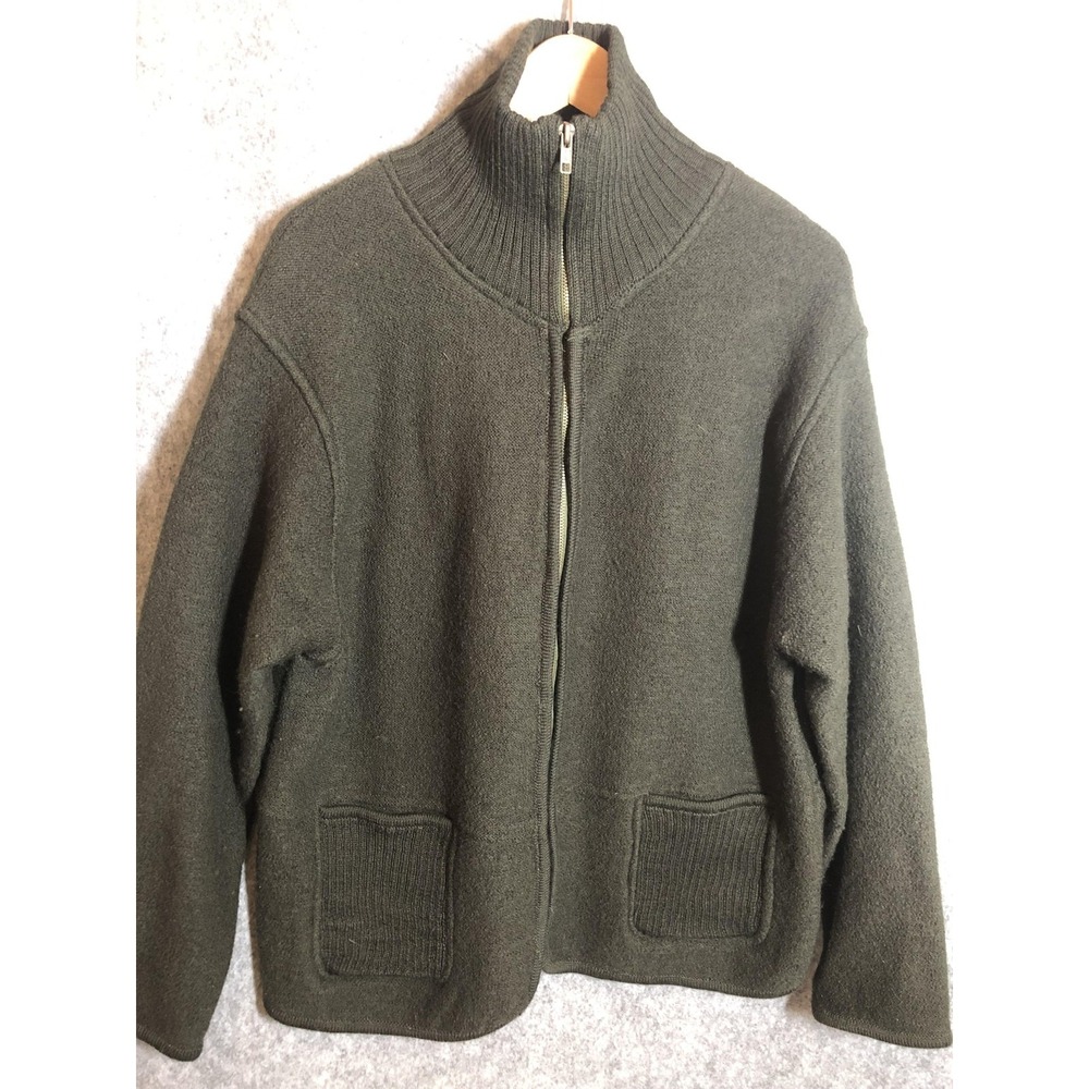 Tally Ho Sweater Womens Large Green 100% Wool Full Zip Mock Neck Pockets